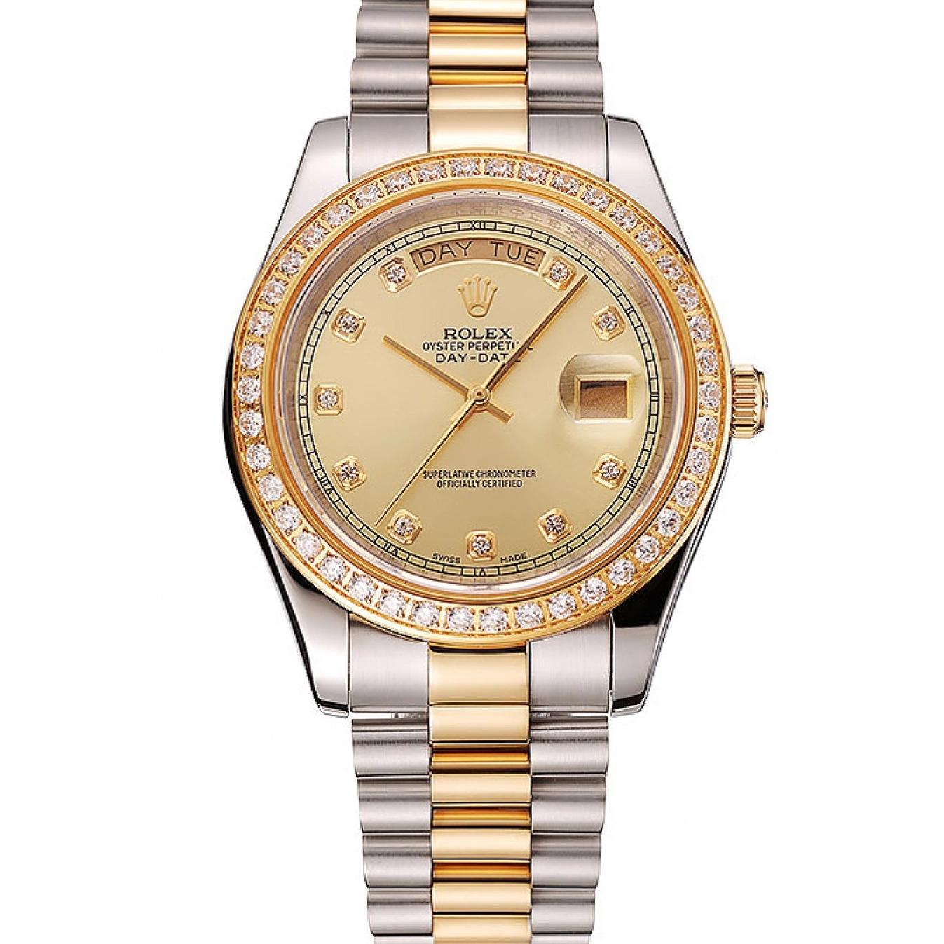 Aaa replica watch Case Stainless Day-Date 1453974 Bracelet Diamond Champagne Rolex Swiss Steel Dial Gold Two Tone 0727